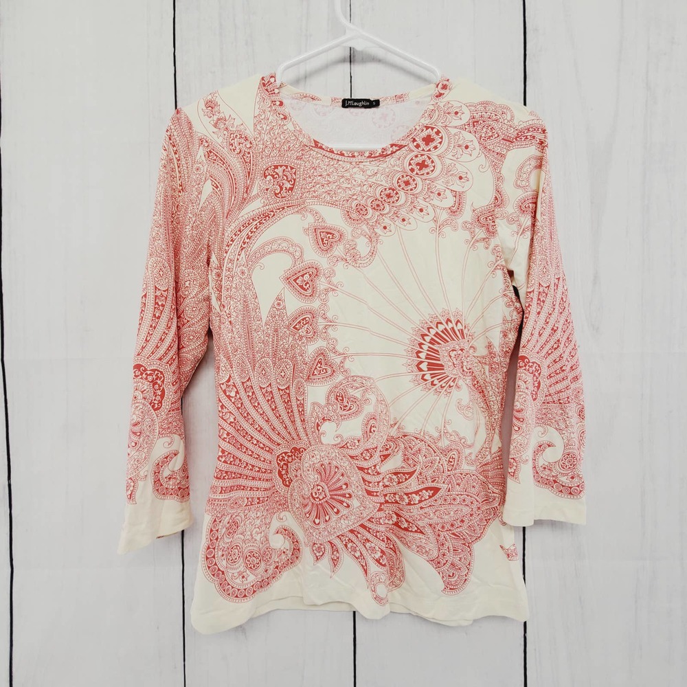 J. McLaughlin Bandana Paisley Print Fitted Jersey 3/4th Sleeve Top EUC Small